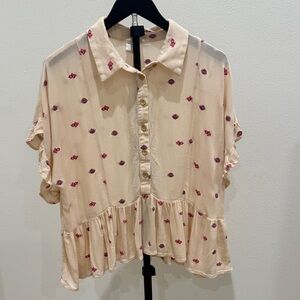 By Together Cream Short-Sleeve Floral Peplum Blouse